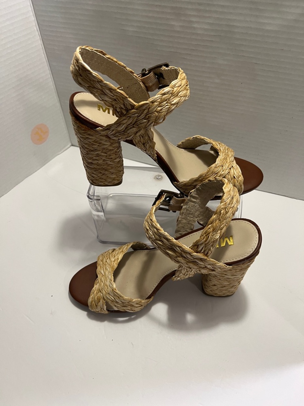 MIA Natural Braided Straw Block Heel Sandals - Beige/Tan
